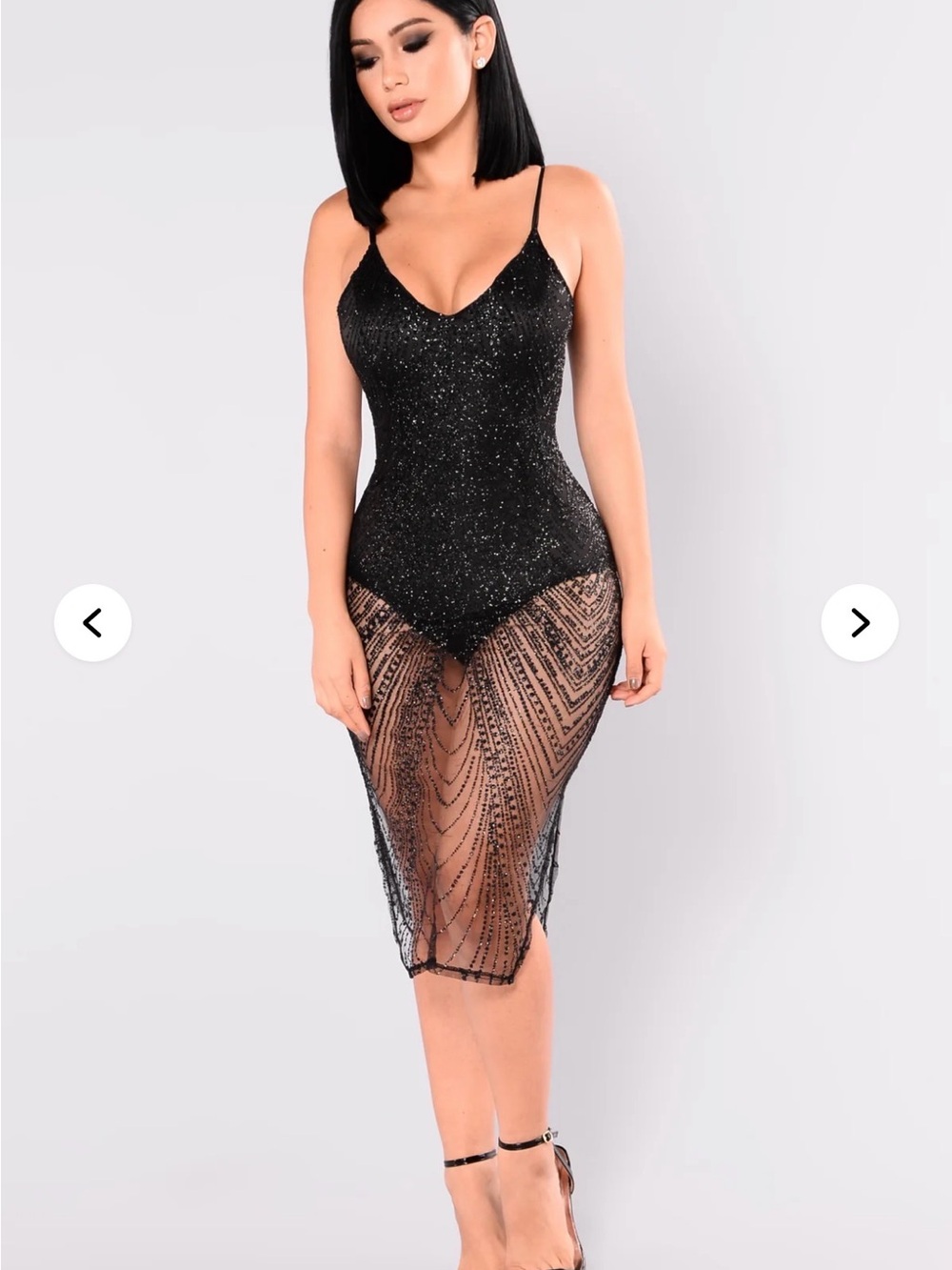 Fashion Nova Black Sparkle Sheer Beaded Midi Dress